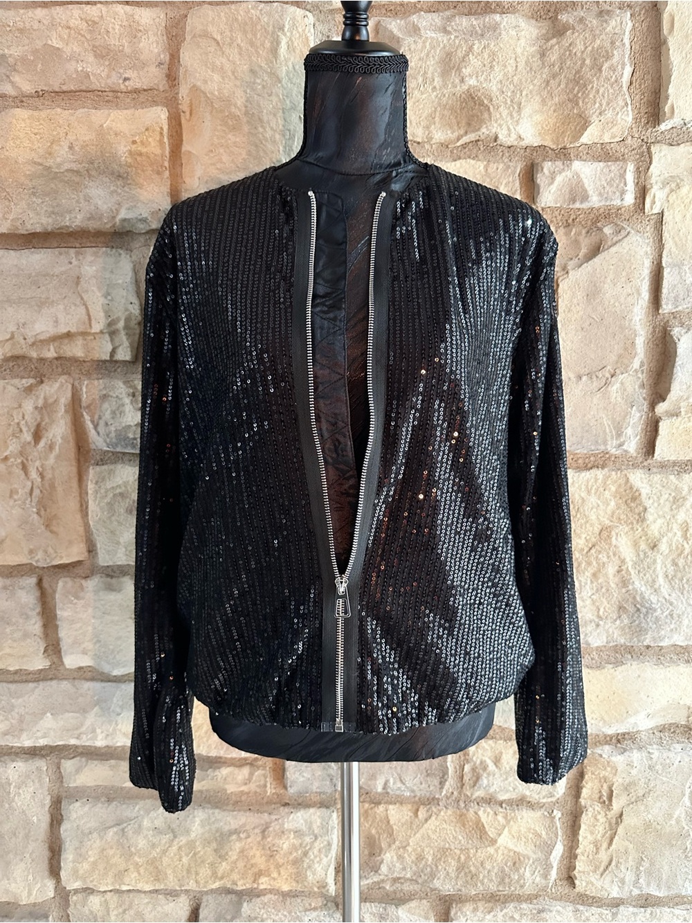 Black Sequin Zip-Front Women's Jacket